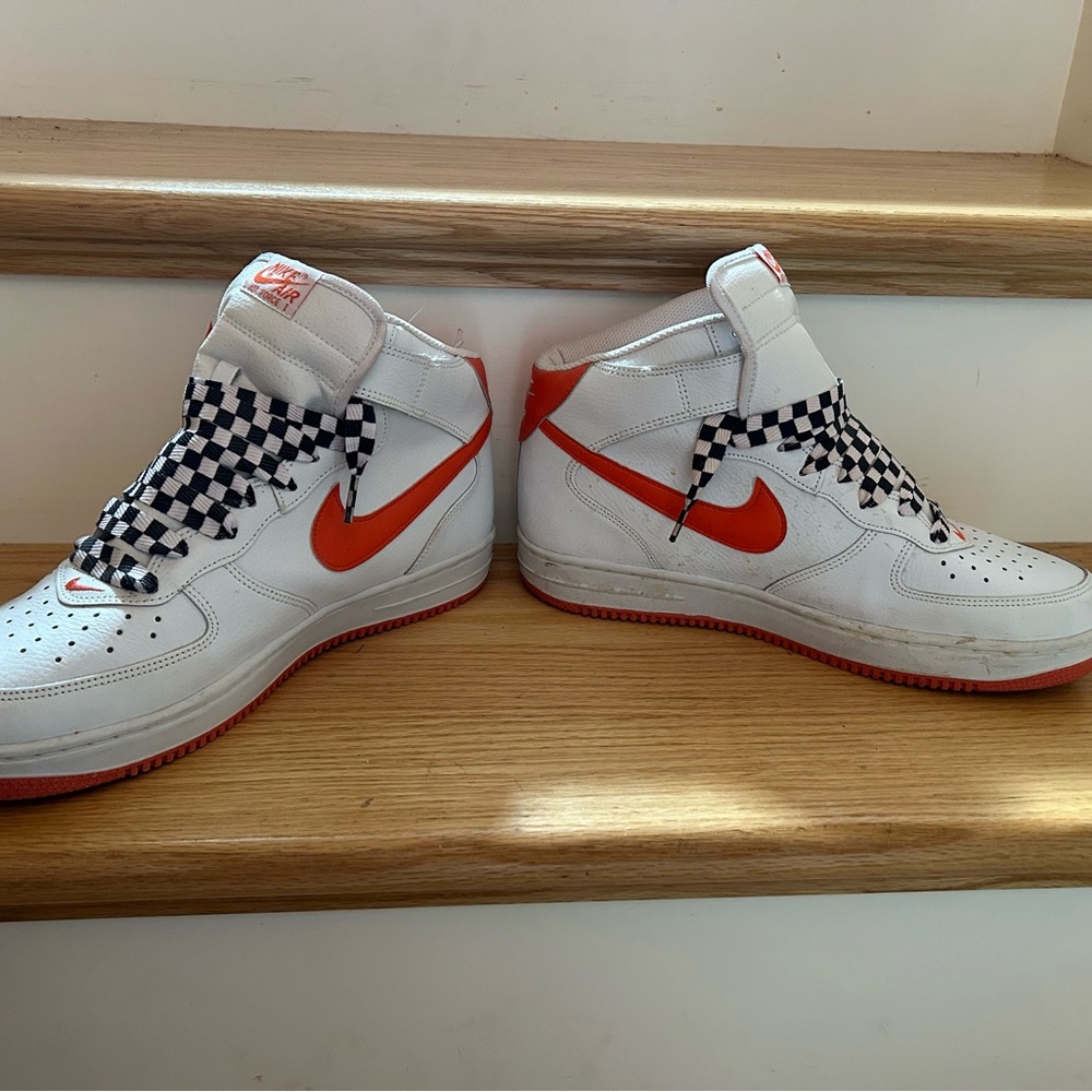 Nike White and Orange Checkered High-Tops